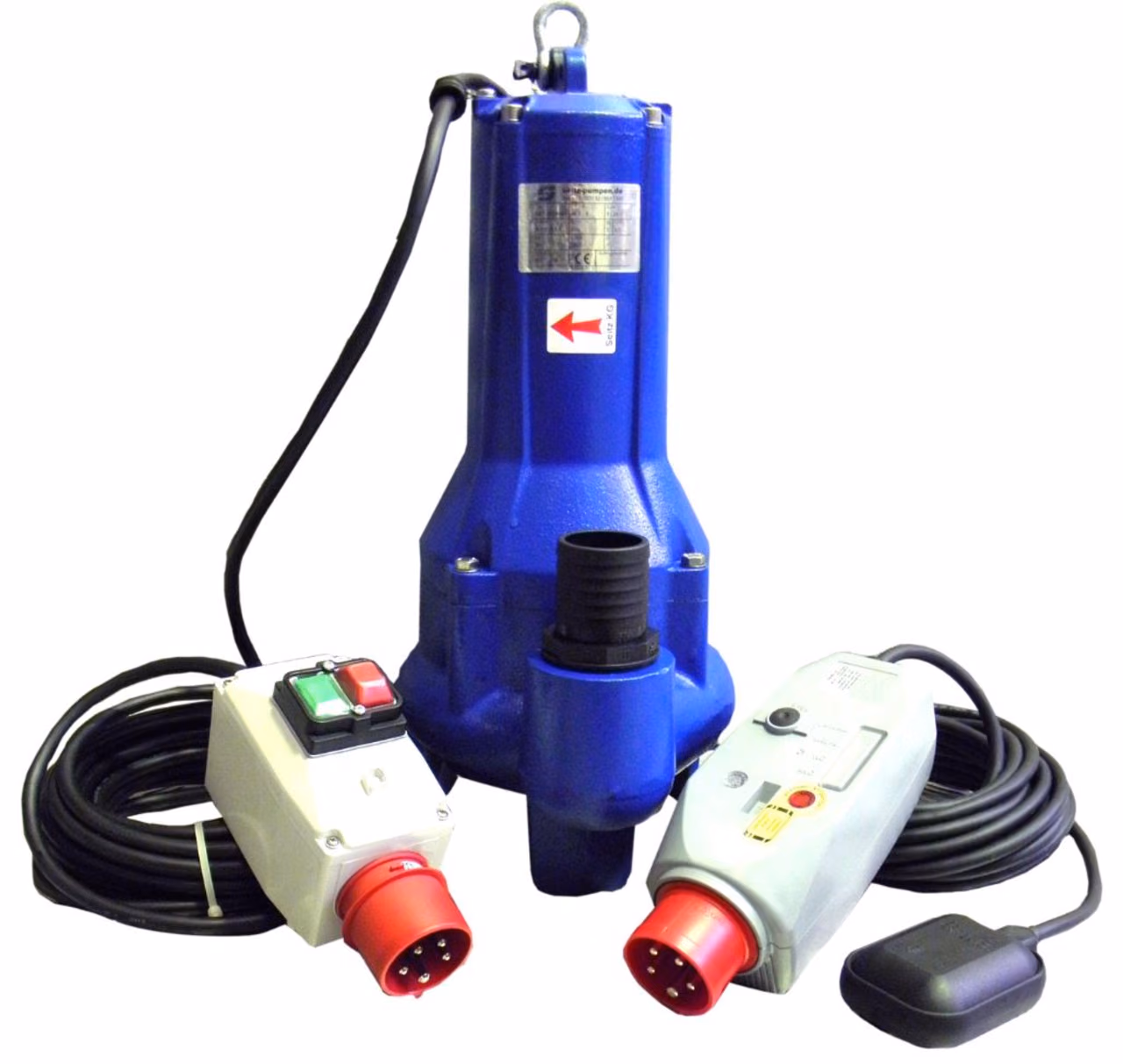 Blaue Guss-Tauchpumpe SZS 200V mit Schaltbox und Schwimmschalter